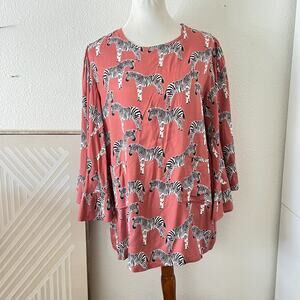 World Market Womens Rust Orange Zebra Blouse Sz L/Xl Boho Safari Novelty Pockets